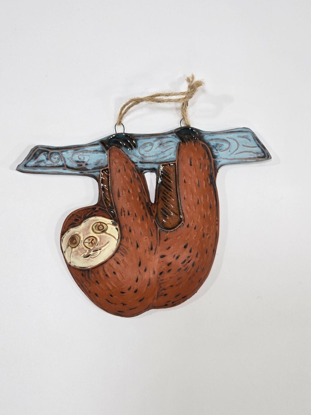Large Sloth Christmas Ornament Ceramic Artisan Hand Painted Hanging On A Limb
